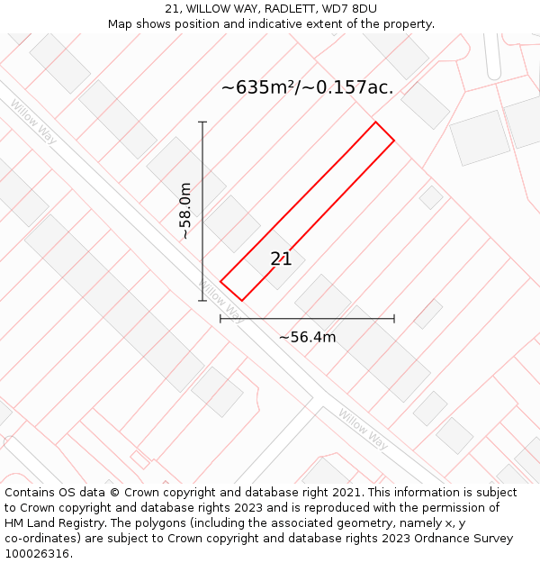 21, WILLOW WAY, RADLETT, WD7 8DU: Plot and title map