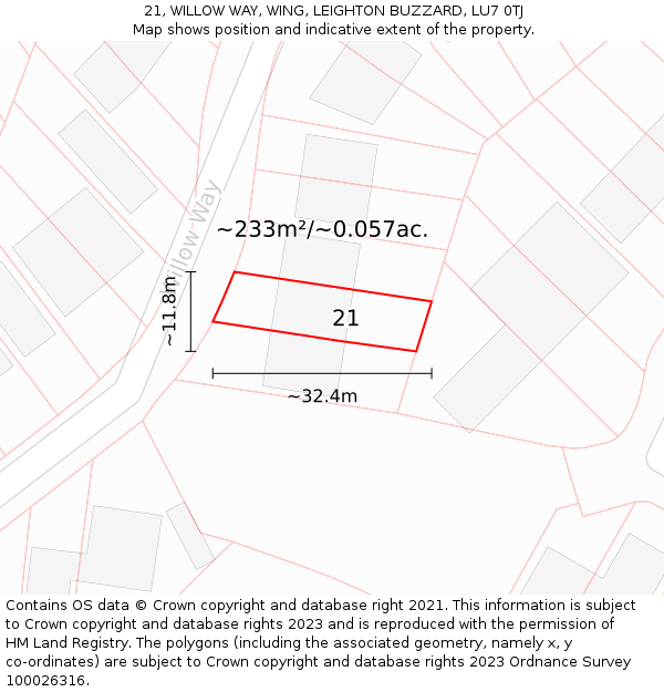 21, WILLOW WAY, WING, LEIGHTON BUZZARD, LU7 0TJ: Plot and title map
