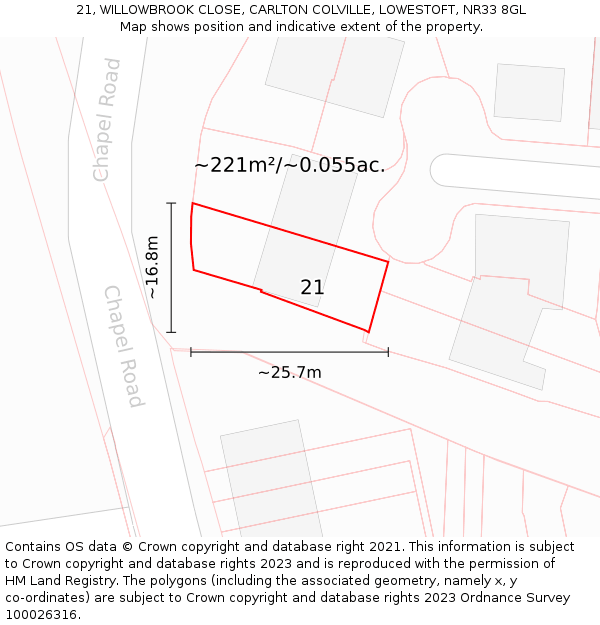 21, WILLOWBROOK CLOSE, CARLTON COLVILLE, LOWESTOFT, NR33 8GL: Plot and title map