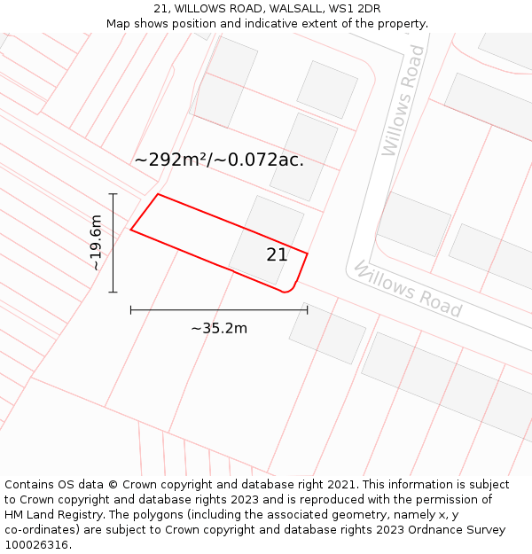 21, WILLOWS ROAD, WALSALL, WS1 2DR: Plot and title map