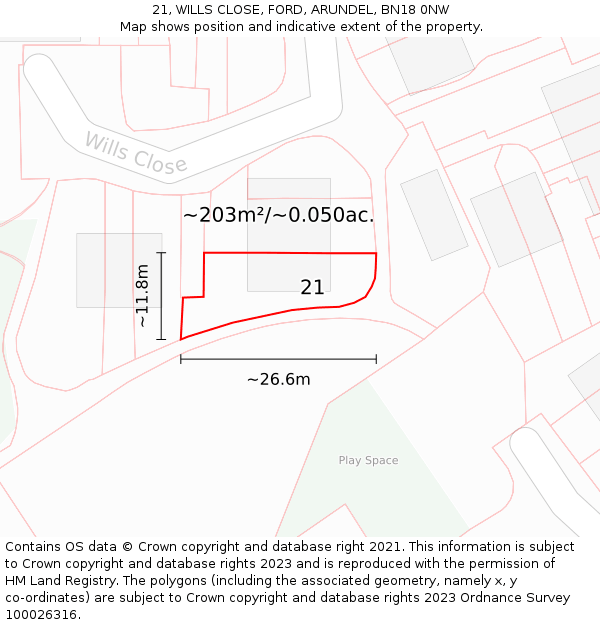 21, WILLS CLOSE, FORD, ARUNDEL, BN18 0NW: Plot and title map