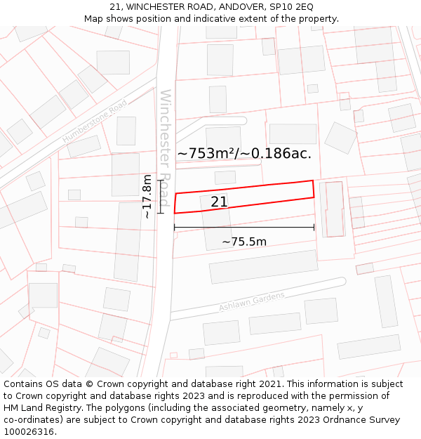 21, WINCHESTER ROAD, ANDOVER, SP10 2EQ: Plot and title map