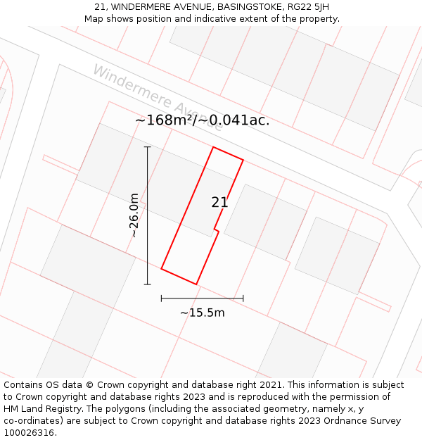 21, WINDERMERE AVENUE, BASINGSTOKE, RG22 5JH: Plot and title map