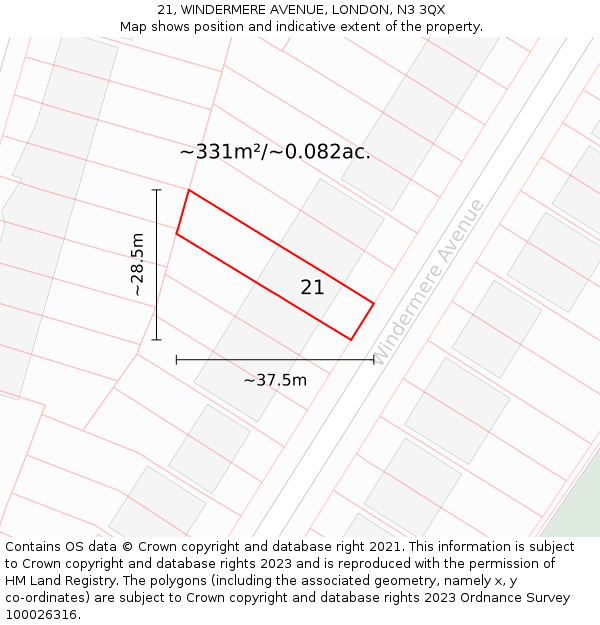21, WINDERMERE AVENUE, LONDON, N3 3QX: Plot and title map