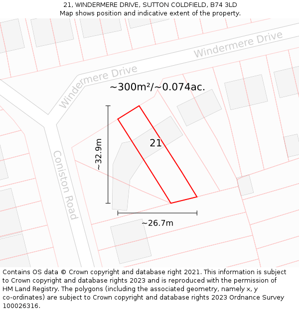 21, WINDERMERE DRIVE, SUTTON COLDFIELD, B74 3LD: Plot and title map