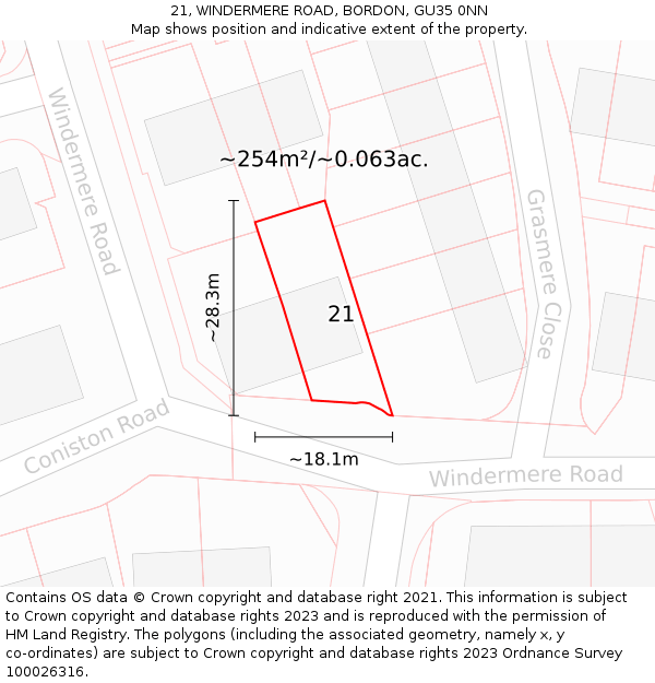 21, WINDERMERE ROAD, BORDON, GU35 0NN: Plot and title map