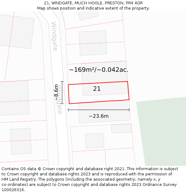 21, WINDGATE, MUCH HOOLE, PRESTON, PR4 4GR: Plot and title map