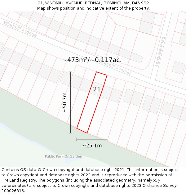 21, WINDMILL AVENUE, REDNAL, BIRMINGHAM, B45 9SP: Plot and title map