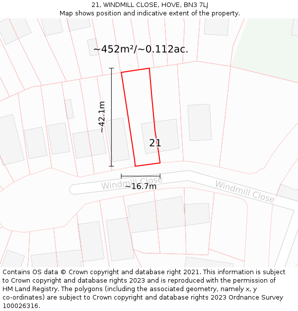 21, WINDMILL CLOSE, HOVE, BN3 7LJ: Plot and title map