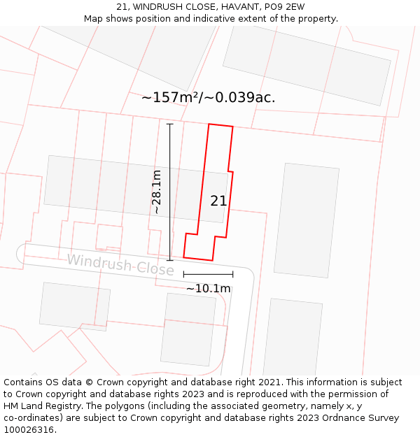 21, WINDRUSH CLOSE, HAVANT, PO9 2EW: Plot and title map