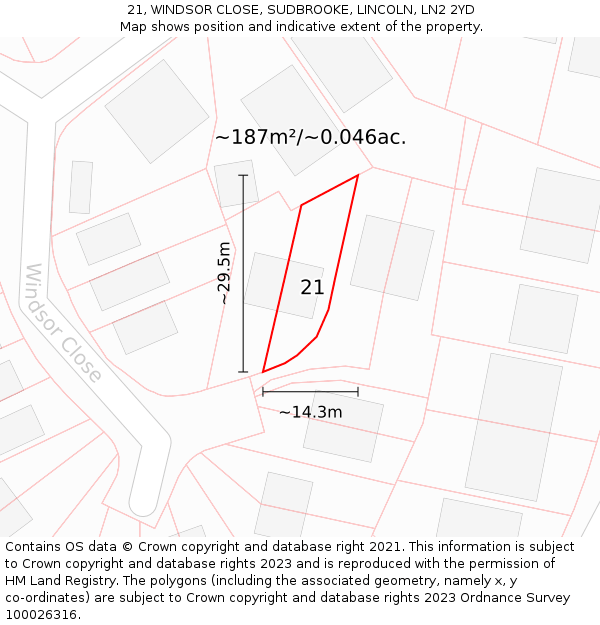 21, WINDSOR CLOSE, SUDBROOKE, LINCOLN, LN2 2YD: Plot and title map