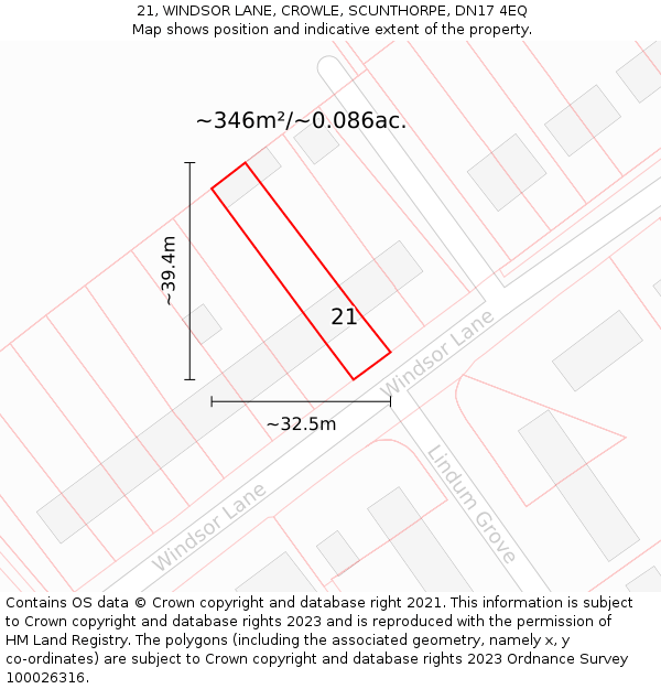 21, WINDSOR LANE, CROWLE, SCUNTHORPE, DN17 4EQ: Plot and title map