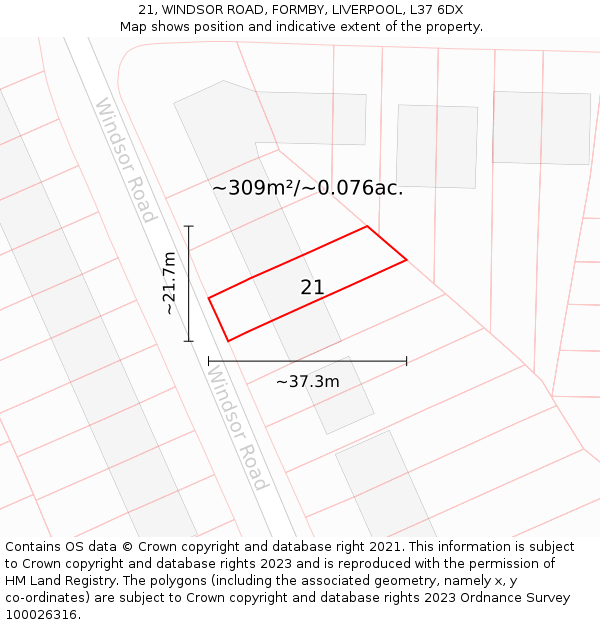 21, WINDSOR ROAD, FORMBY, LIVERPOOL, L37 6DX: Plot and title map