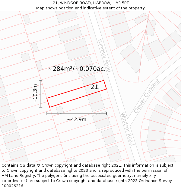 21, WINDSOR ROAD, HARROW, HA3 5PT: Plot and title map
