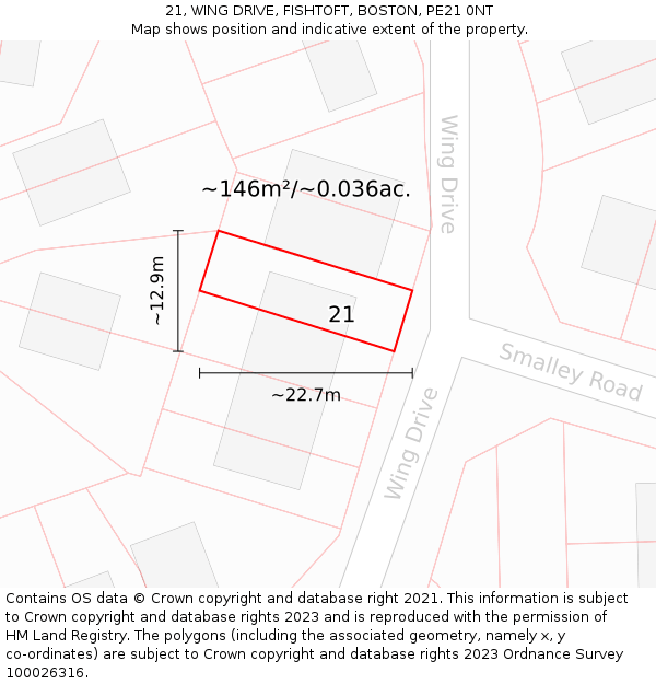 21, WING DRIVE, FISHTOFT, BOSTON, PE21 0NT: Plot and title map