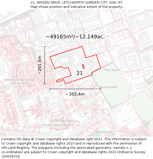 21, WISSEN DRIVE, LETCHWORTH GARDEN CITY, SG6 1FT: Plot and title map