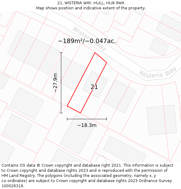 21, WISTERIA WAY, HULL, HU8 9WA: Plot and title map