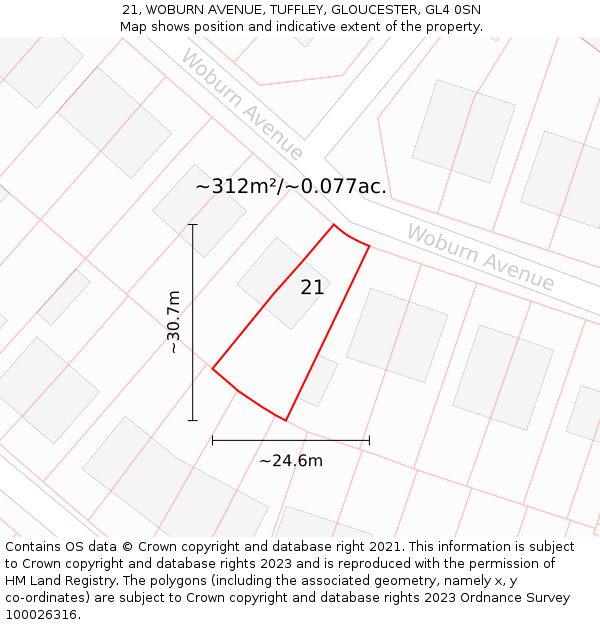 21, WOBURN AVENUE, TUFFLEY, GLOUCESTER, GL4 0SN: Plot and title map