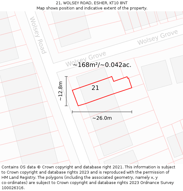 21, WOLSEY ROAD, ESHER, KT10 8NT: Plot and title map