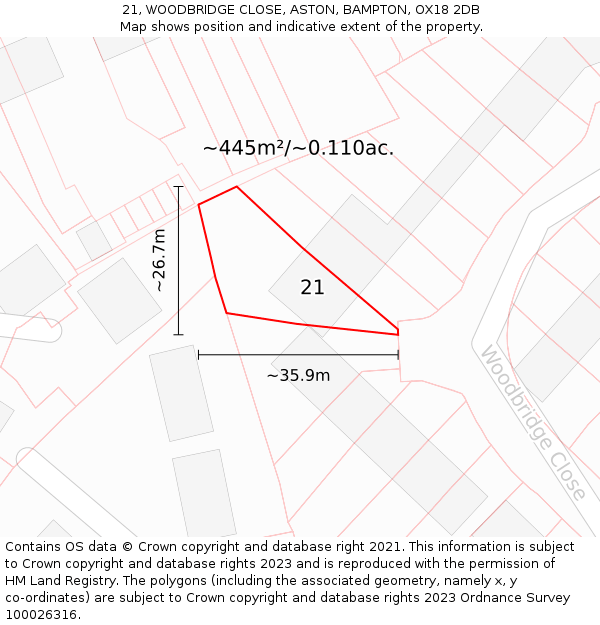 21, WOODBRIDGE CLOSE, ASTON, BAMPTON, OX18 2DB: Plot and title map