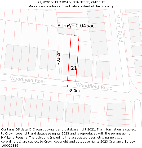 21, WOODFIELD ROAD, BRAINTREE, CM7 3HZ: Plot and title map