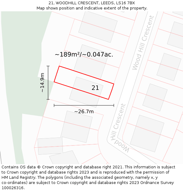 21, WOODHILL CRESCENT, LEEDS, LS16 7BX: Plot and title map