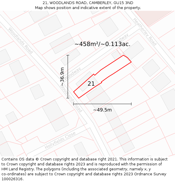 21, WOODLANDS ROAD, CAMBERLEY, GU15 3ND: Plot and title map