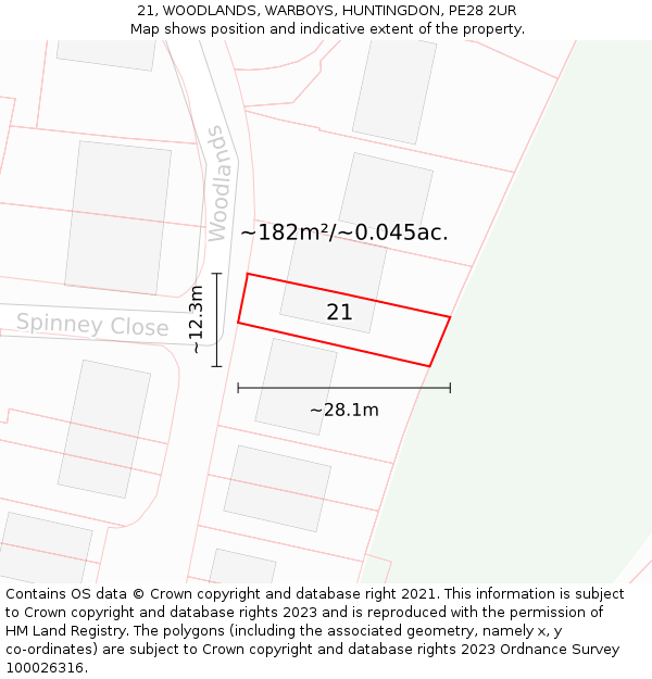 21, WOODLANDS, WARBOYS, HUNTINGDON, PE28 2UR: Plot and title map