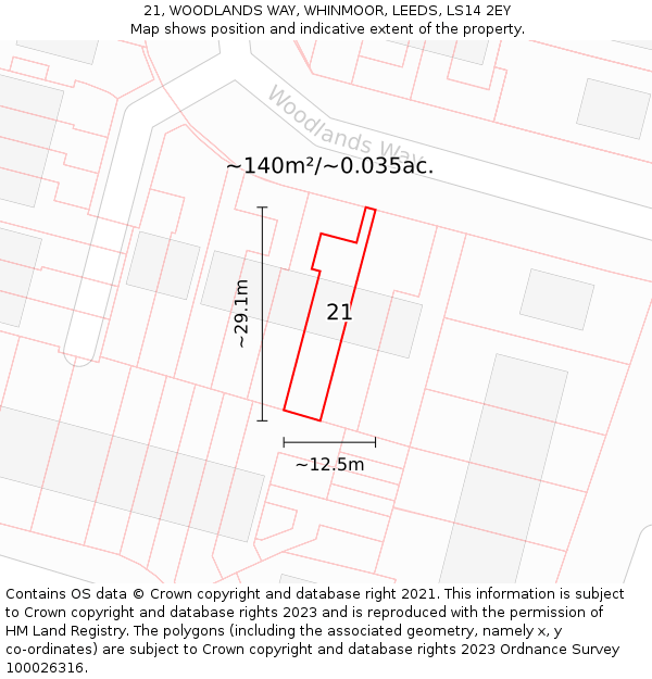 21, WOODLANDS WAY, WHINMOOR, LEEDS, LS14 2EY: Plot and title map