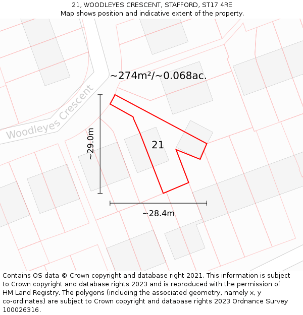 21, WOODLEYES CRESCENT, STAFFORD, ST17 4RE: Plot and title map