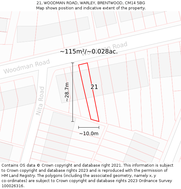 21, WOODMAN ROAD, WARLEY, BRENTWOOD, CM14 5BG: Plot and title map