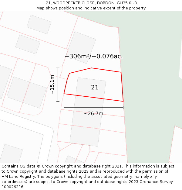 21, WOODPECKER CLOSE, BORDON, GU35 0UR: Plot and title map
