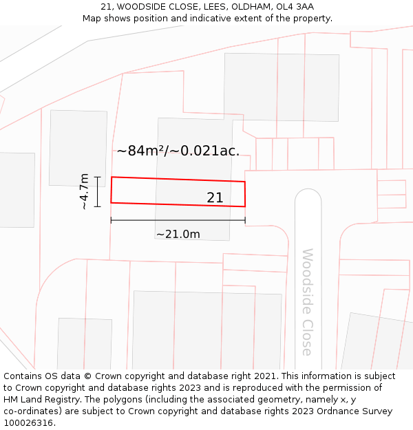 21, WOODSIDE CLOSE, LEES, OLDHAM, OL4 3AA: Plot and title map