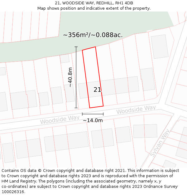 21, WOODSIDE WAY, REDHILL, RH1 4DB: Plot and title map
