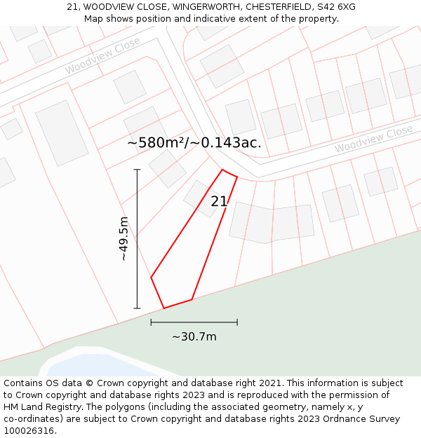 21, WOODVIEW CLOSE, WINGERWORTH, CHESTERFIELD, S42 6XG: Plot and title map