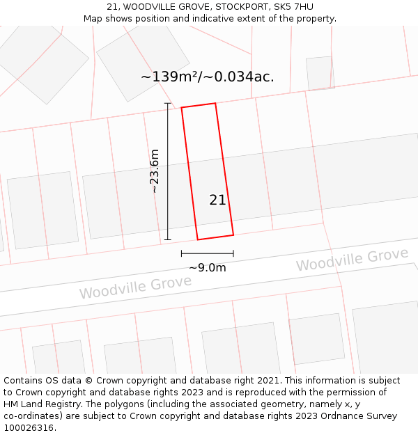 21, WOODVILLE GROVE, STOCKPORT, SK5 7HU: Plot and title map