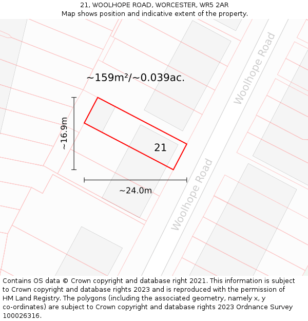 21, WOOLHOPE ROAD, WORCESTER, WR5 2AR: Plot and title map