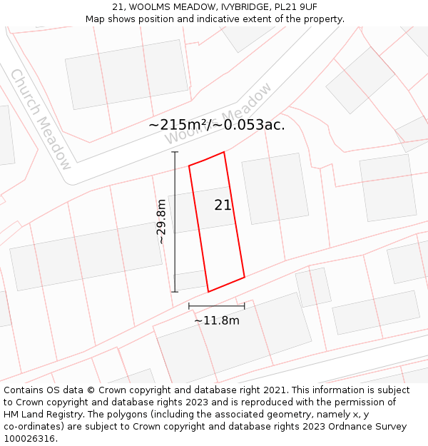 21, WOOLMS MEADOW, IVYBRIDGE, PL21 9UF: Plot and title map