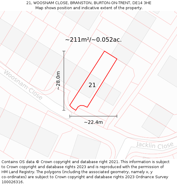 21, WOOSNAM CLOSE, BRANSTON, BURTON-ON-TRENT, DE14 3HE: Plot and title map