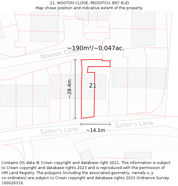 21, WOOTON CLOSE, REDDITCH, B97 6UD: Plot and title map