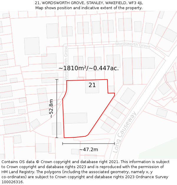 21, WORDSWORTH GROVE, STANLEY, WAKEFIELD, WF3 4JL: Plot and title map