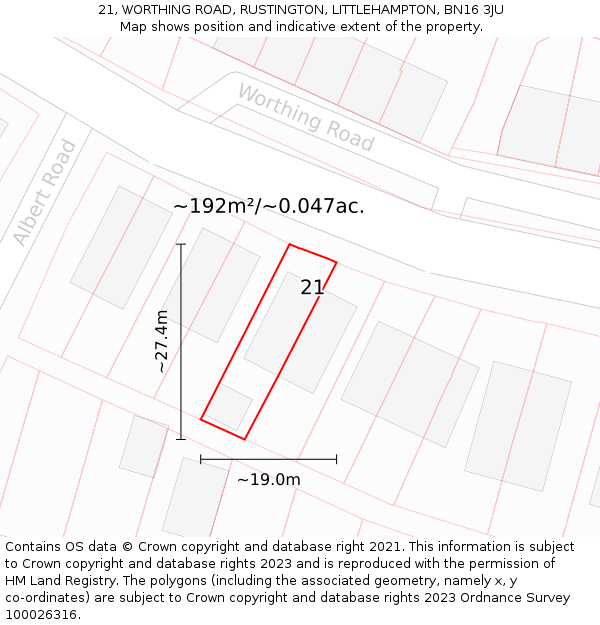 21, WORTHING ROAD, RUSTINGTON, LITTLEHAMPTON, BN16 3JU: Plot and title map