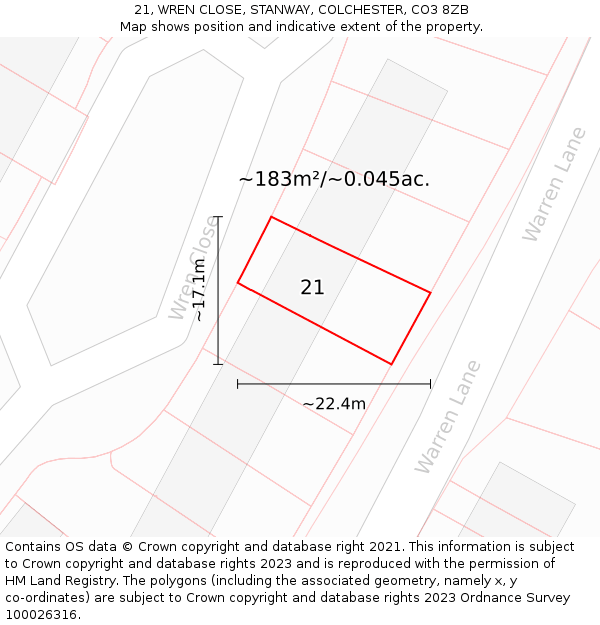 21, WREN CLOSE, STANWAY, COLCHESTER, CO3 8ZB: Plot and title map