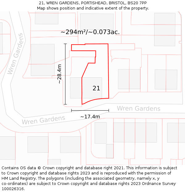 21, WREN GARDENS, PORTISHEAD, BRISTOL, BS20 7PP: Plot and title map
