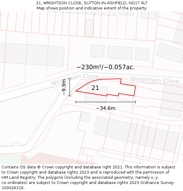 21, WRIGHTSON CLOSE, SUTTON-IN-ASHFIELD, NG17 4LT: Plot and title map