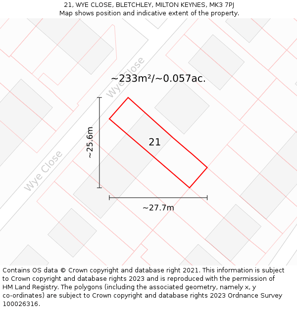 21, WYE CLOSE, BLETCHLEY, MILTON KEYNES, MK3 7PJ: Plot and title map