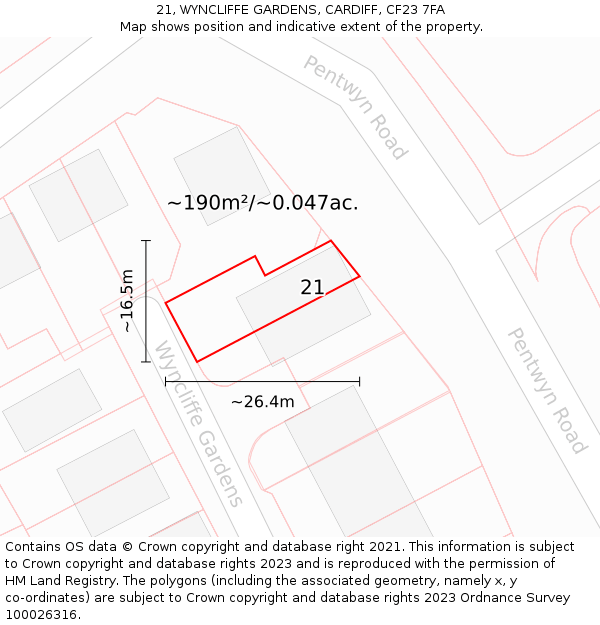 21, WYNCLIFFE GARDENS, CARDIFF, CF23 7FA: Plot and title map