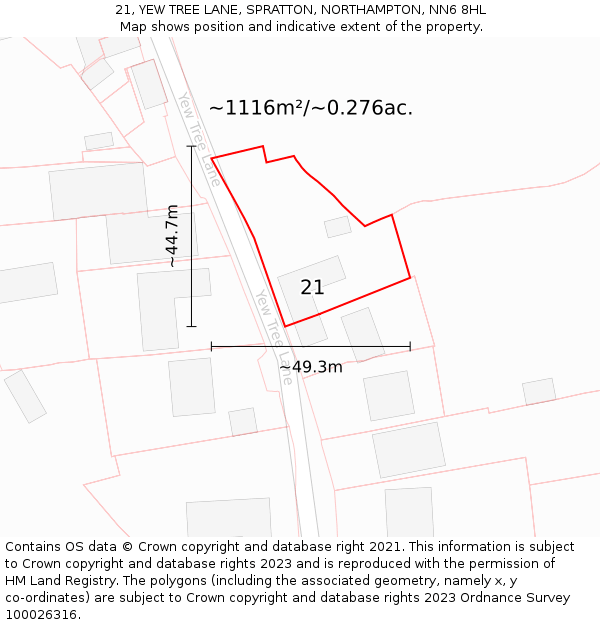 21, YEW TREE LANE, SPRATTON, NORTHAMPTON, NN6 8HL: Plot and title map