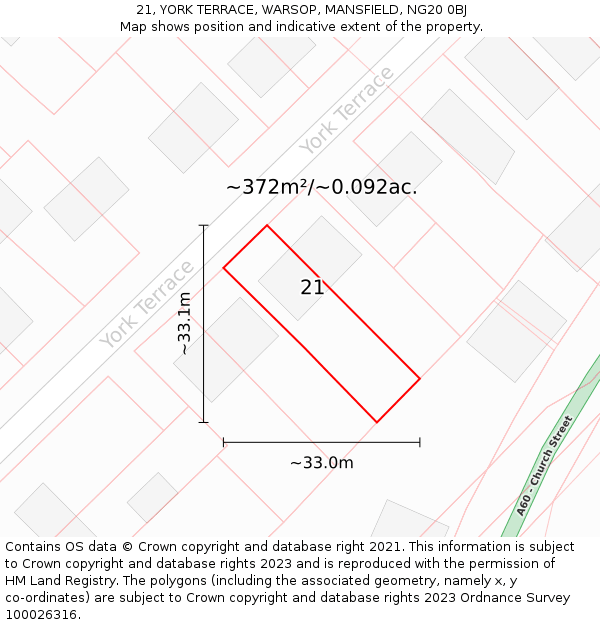 21, YORK TERRACE, WARSOP, MANSFIELD, NG20 0BJ: Plot and title map