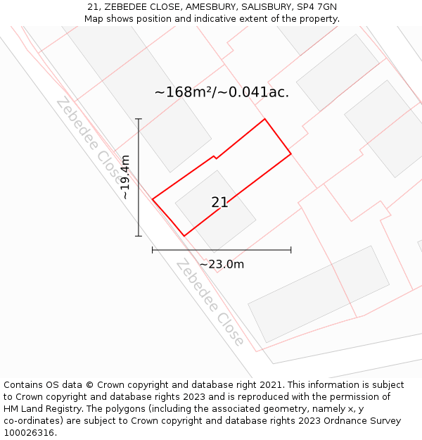 21, ZEBEDEE CLOSE, AMESBURY, SALISBURY, SP4 7GN: Plot and title map